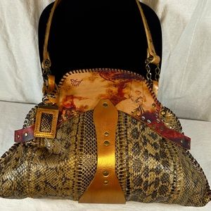 NWOT Sharif 1827 Snakeskin, Gold Leather & Green Suede Bag